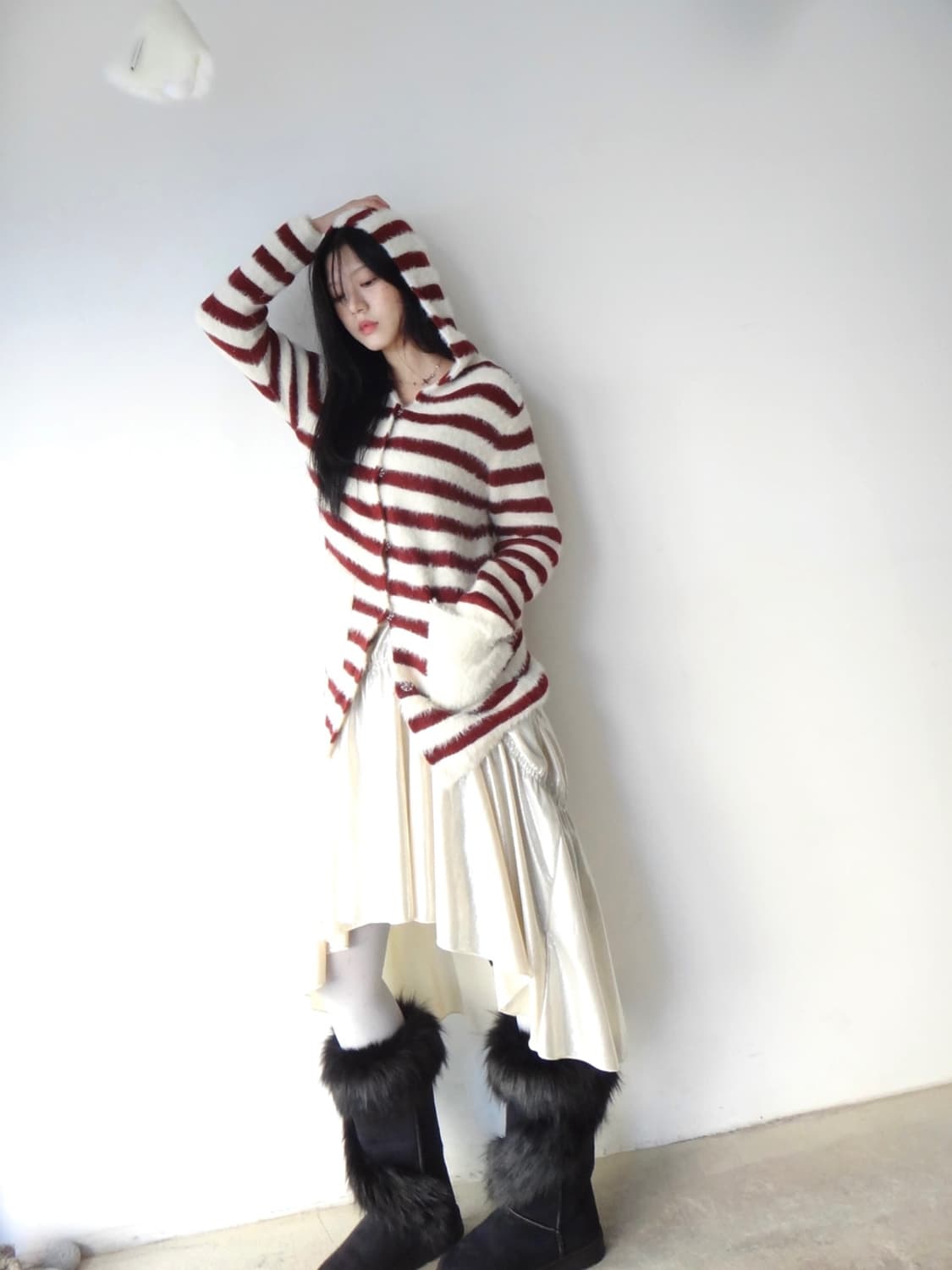 Stripe pocket fur cardigan / red & white 상품이미지6