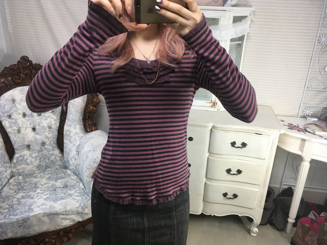 jpn vintage pink stripe frill knit 상품이미지6