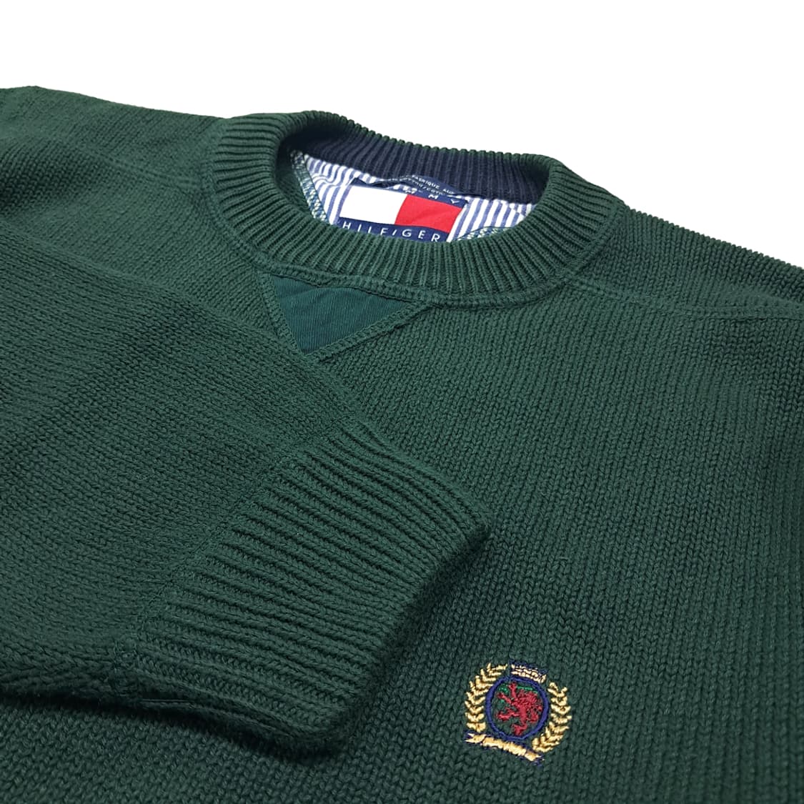 CL438 L 타미힐피거 90s 코튼 크레스트자수 다크그린 니트 스웨터 상품이미지3