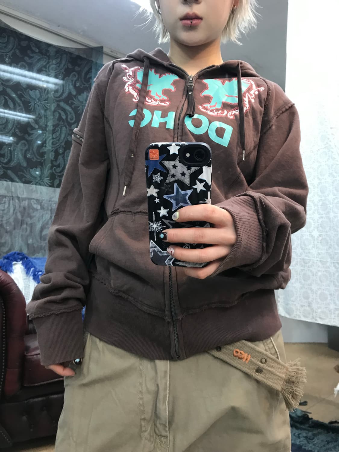 Doch 빈티지 프린팅 브라운 후드집업  상품이미지2