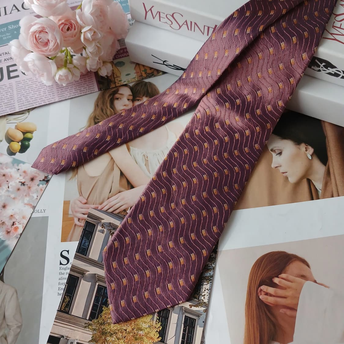 입생로랑 실크 버건디 웨이브 패턴 넥타이 9.7cm A+등급 A19392 상품이미지5