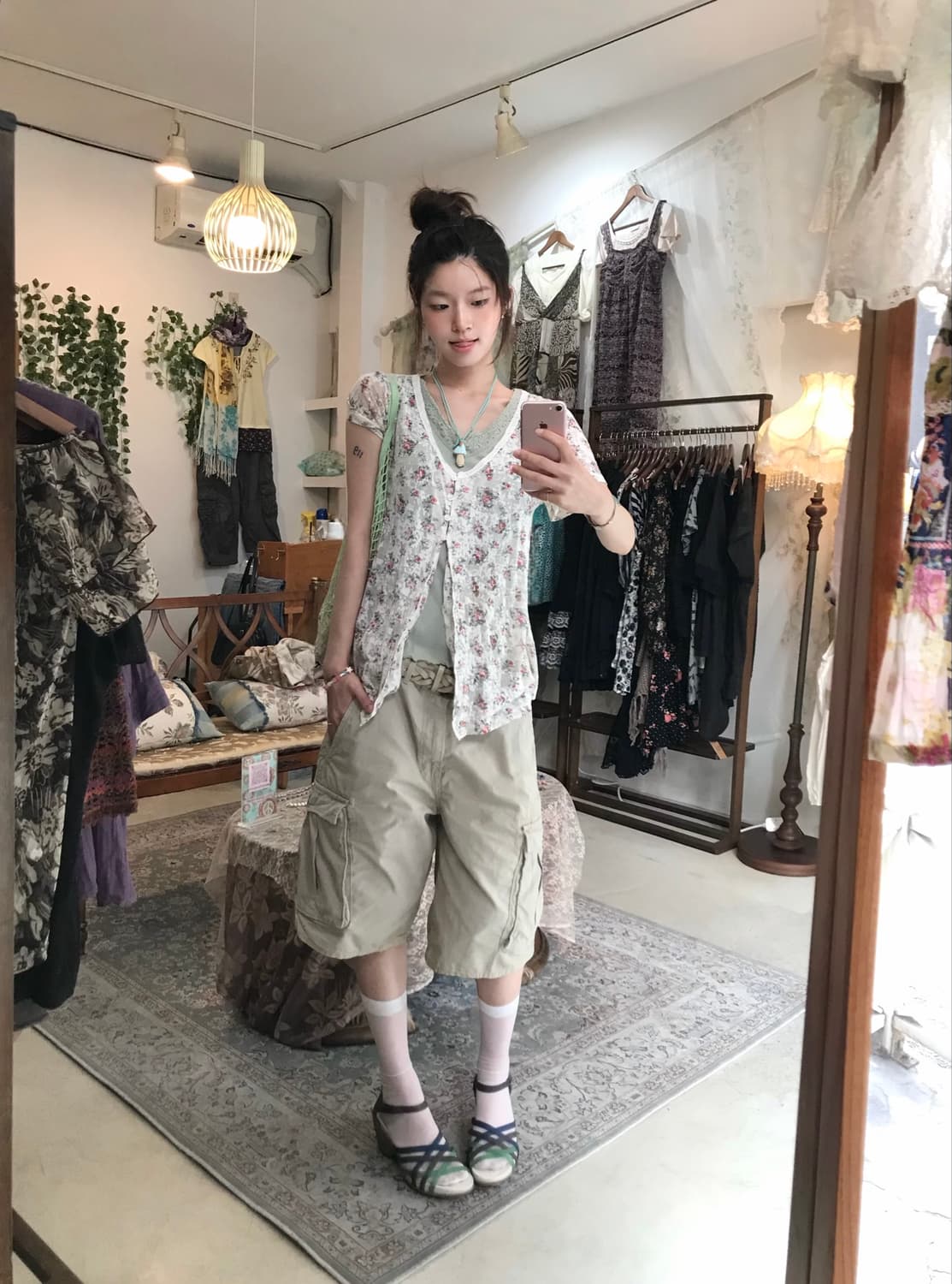 리바이스 뮤트 민트 그레이 플라워 카고 하프팬츠 캐주얼 하구미 코디 세트 상품이미지2