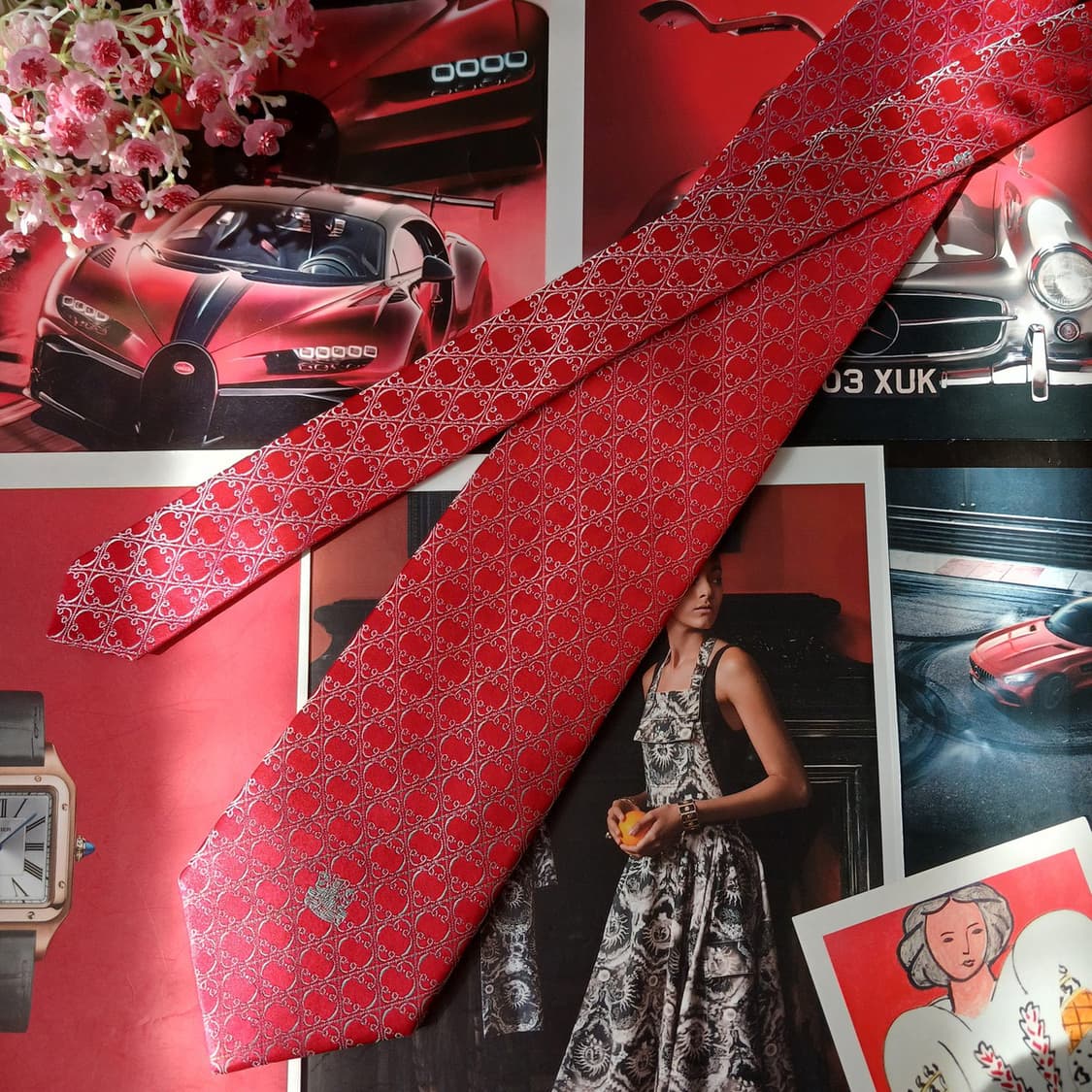 아쿠아스큐텀 실크 레드 패턴 넥타이 9cm A등급 A19661 상품이미지4