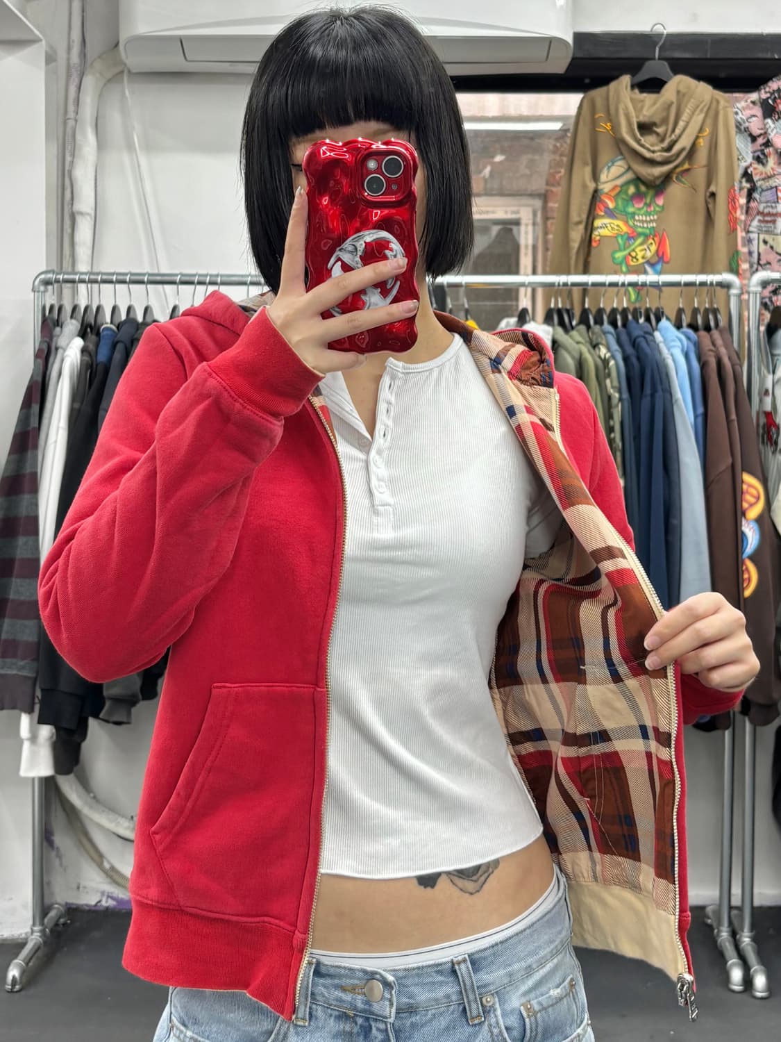 베이프 레드&체크 리버시블 후드집업 상품이미지2