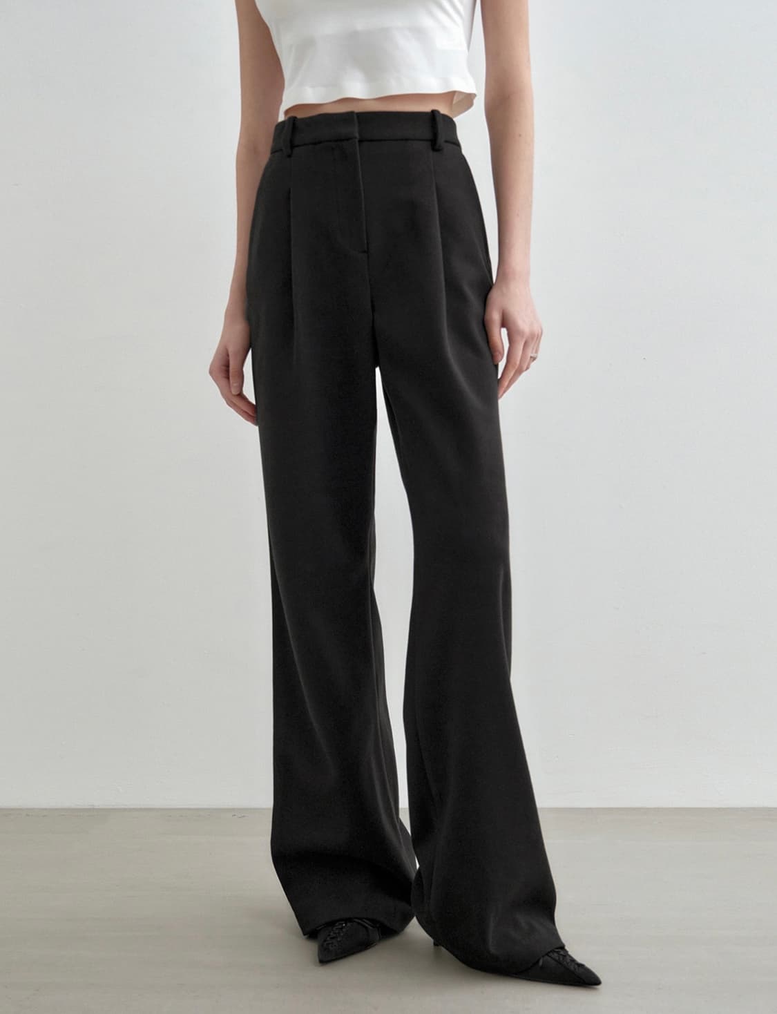 (택O/새상품) 몽돌 원 턱 와이드 슬랙스 블랙 S 상품이미지1