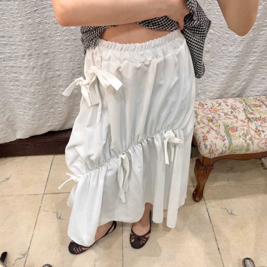 White ribbon shirred skirt 상품이미지1
