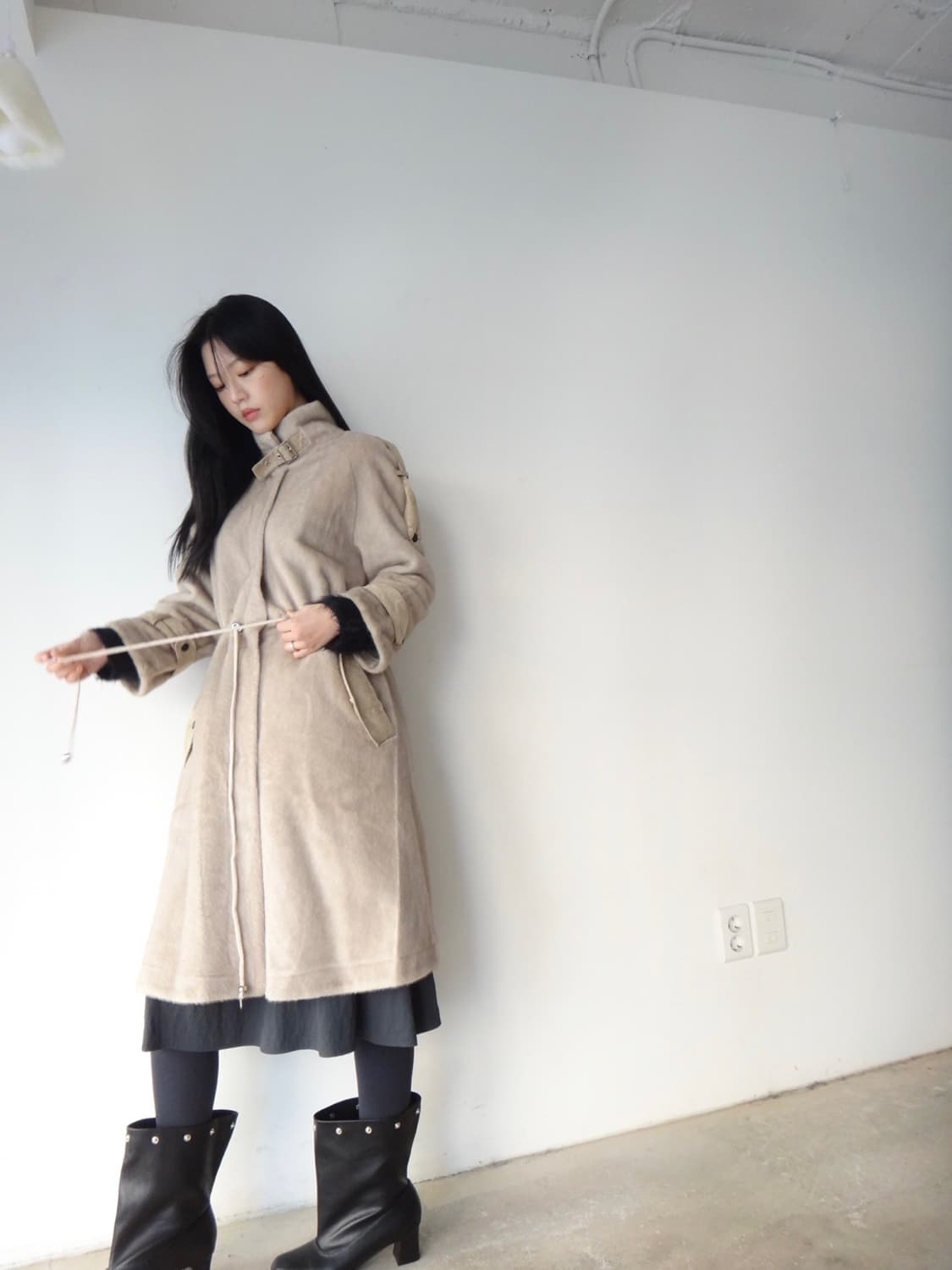 Suede & soft fur mix high neck long coat 상품이미지5