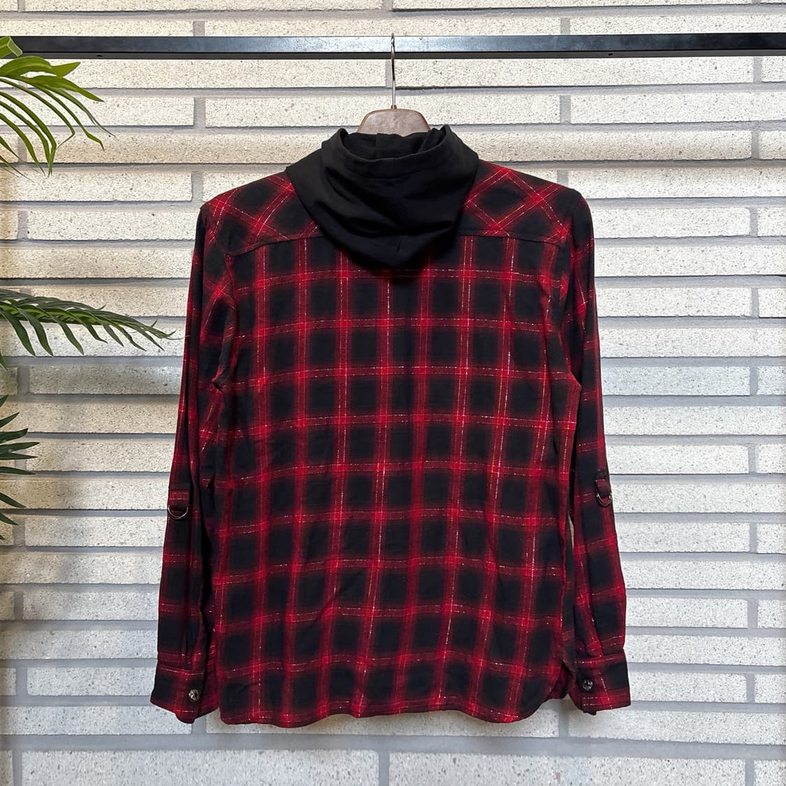 JPN VINTAGE 후드 레이어드 셔츠자켓 퍼팔로체크 펄 디테일 레드 상품이미지3