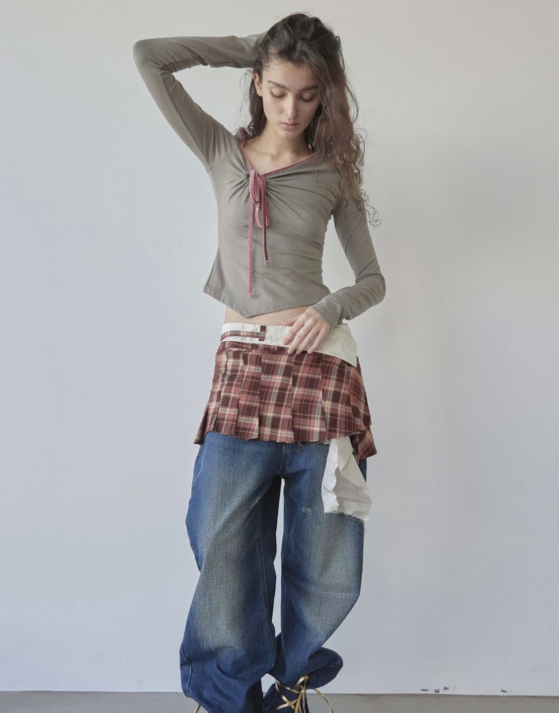 스컬프터 리본 벨벳 Zen Velvet Trimming Top Taupe 상품이미지1