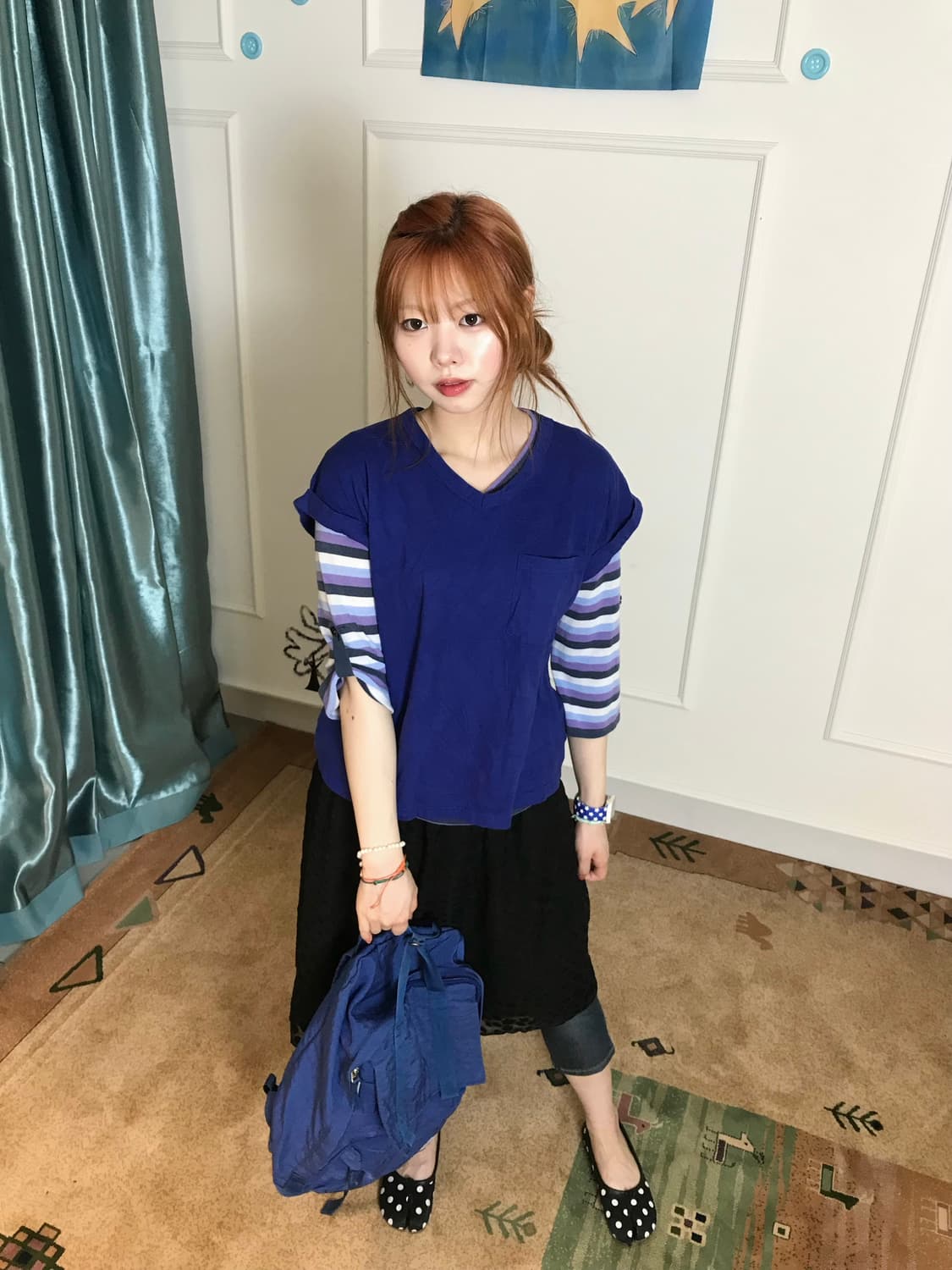 스트라이프 상의+시스루 도트 스커트와 귀여운 7부 팬츠에 조합👖🖤 상품이미지2
