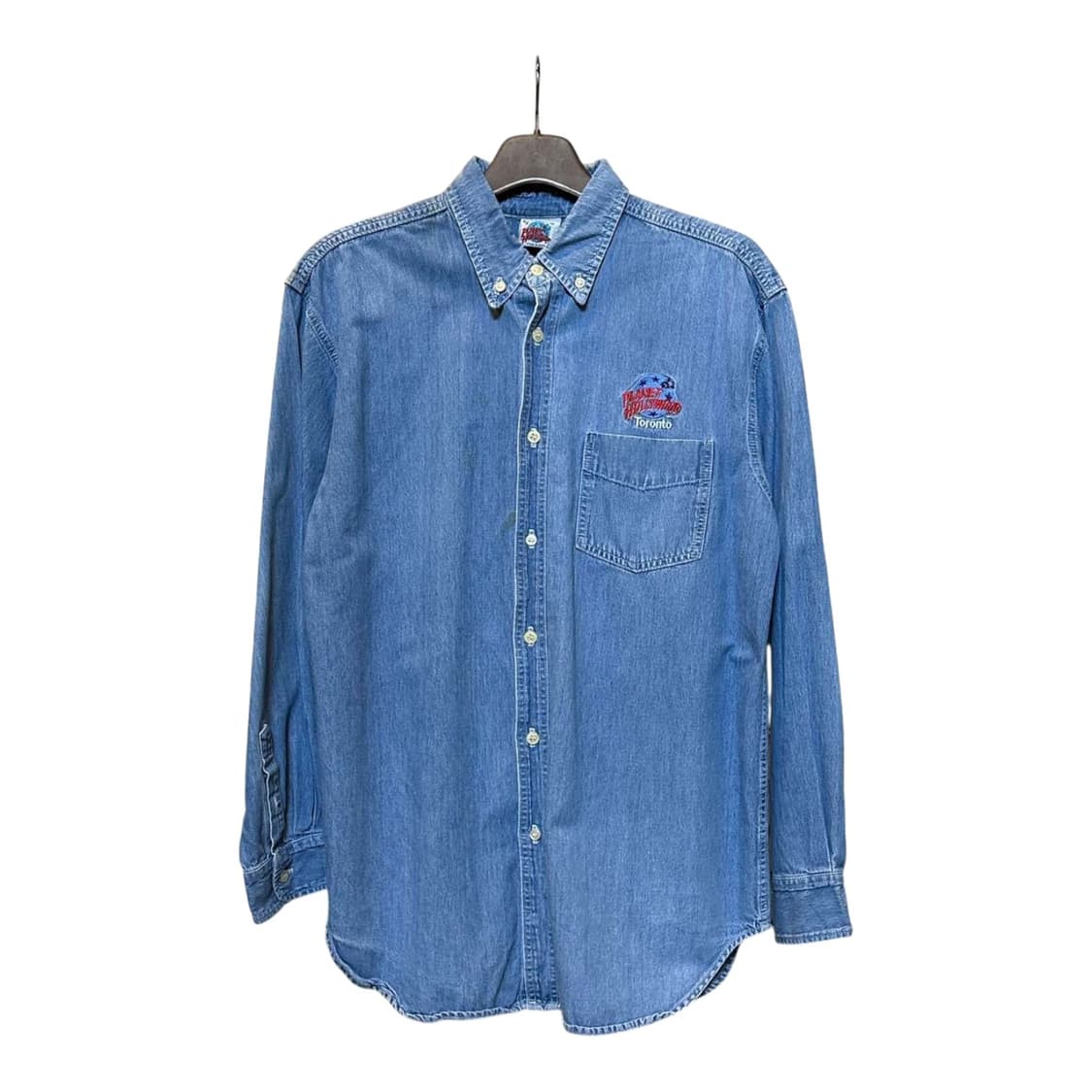 플래닛 할리우드 데님 긴팔셔츠 레터링 자수 원포켓 디테일 중청 상품이미지1