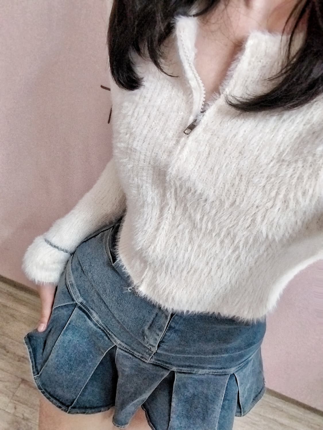 (코디셋♥︎) 크롭 털 가디건 + 데님 플리츠 빈티지 치마바지 상품이미지3