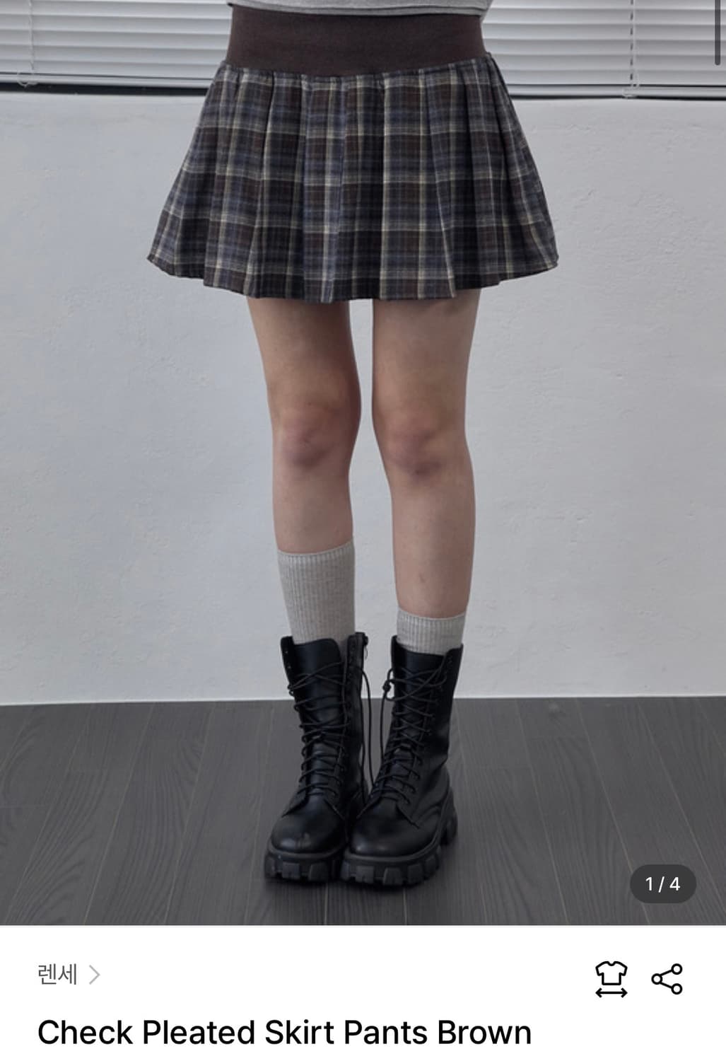 렌세 체크 플리츠 스커트 브라운 OS 상품이미지1