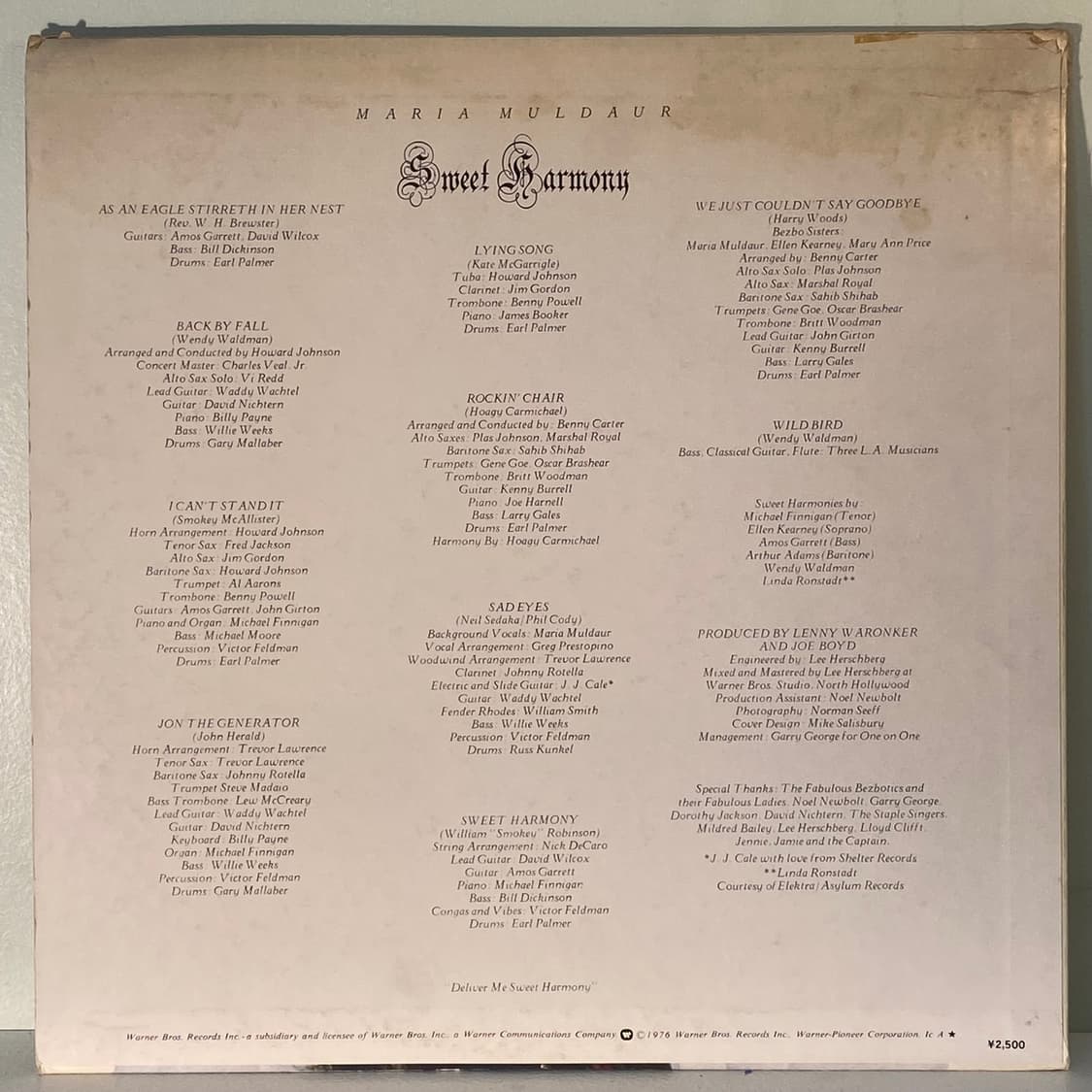 (중고LP-포크록) Maria Muldaur -Sweet Harmony 상품이미지2