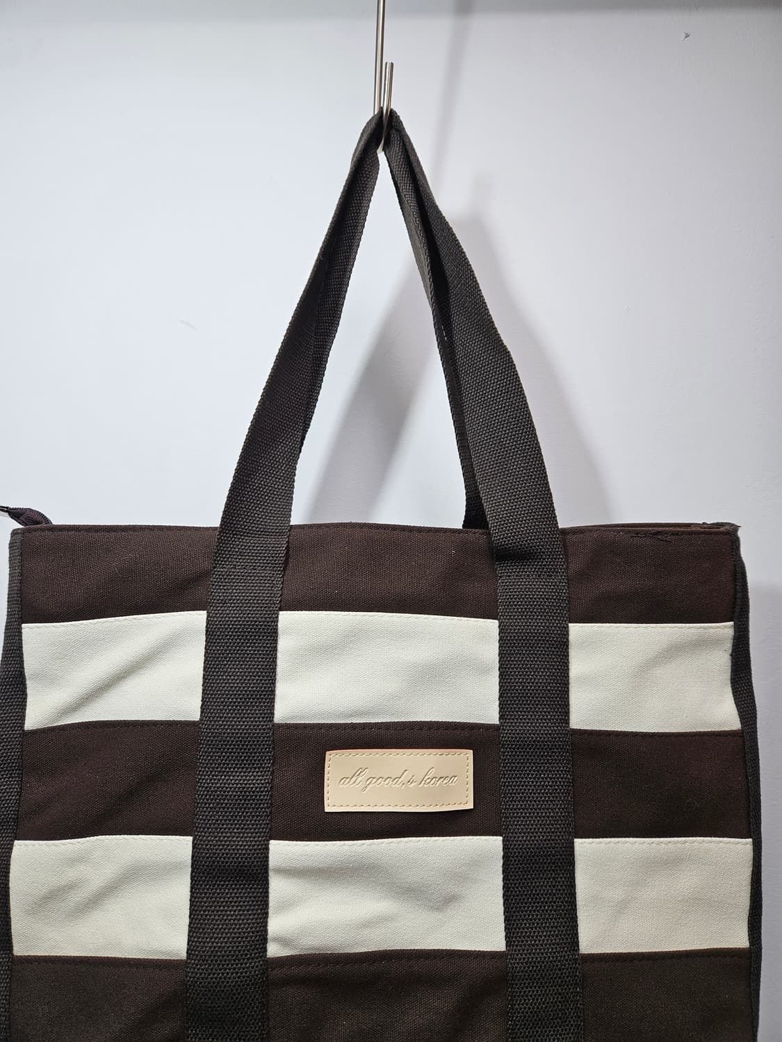 베이지/브라운 스트라이프 캔버스 토드백(에코백) 상품이미지3