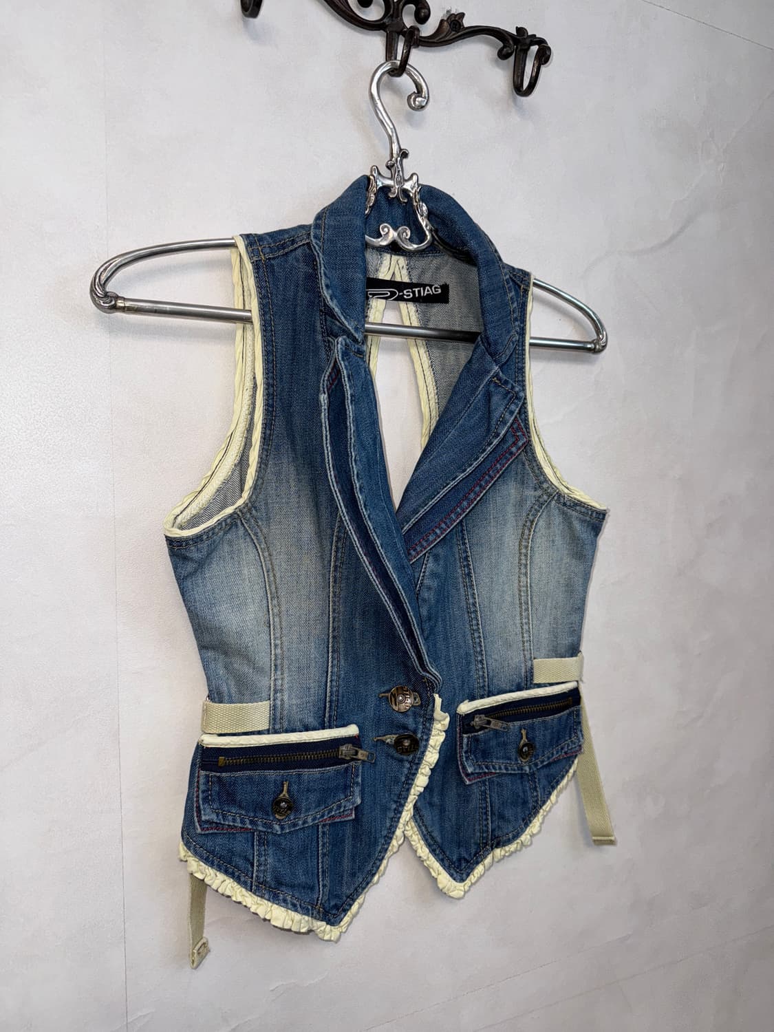 Washing denim y2k back slit buckle vest 상품이미지2