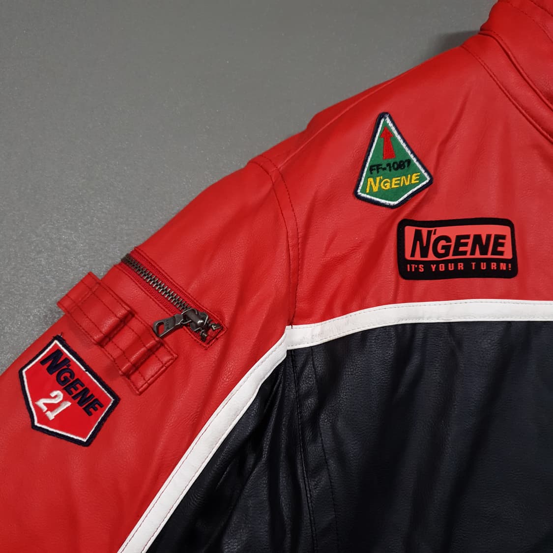 M (95) N'GENE 엔진 지퍼 포켓 패치 가죽 레더 레이싱 자켓 상품이미지3