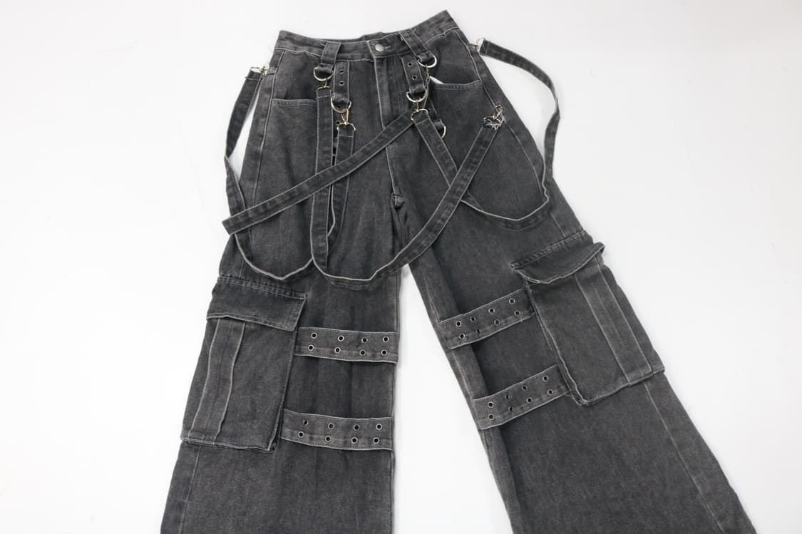 빈티지 블랙 워싱 멀티 스트랩 카고 와이드 데님 팬츠 상품이미지3
