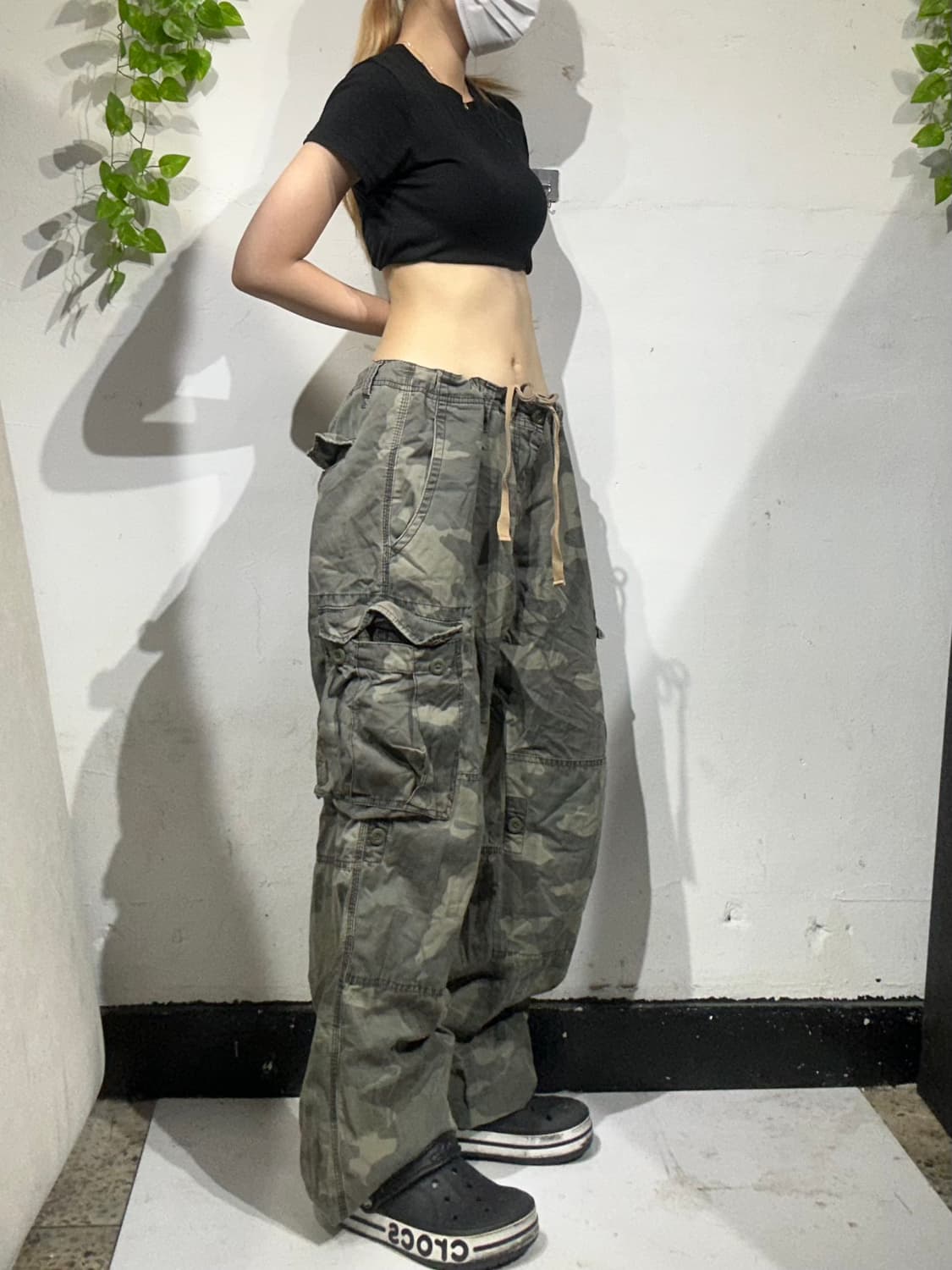 일본 빈티지 카키 카모 와이드 카고 팬츠 XL 상품이미지1