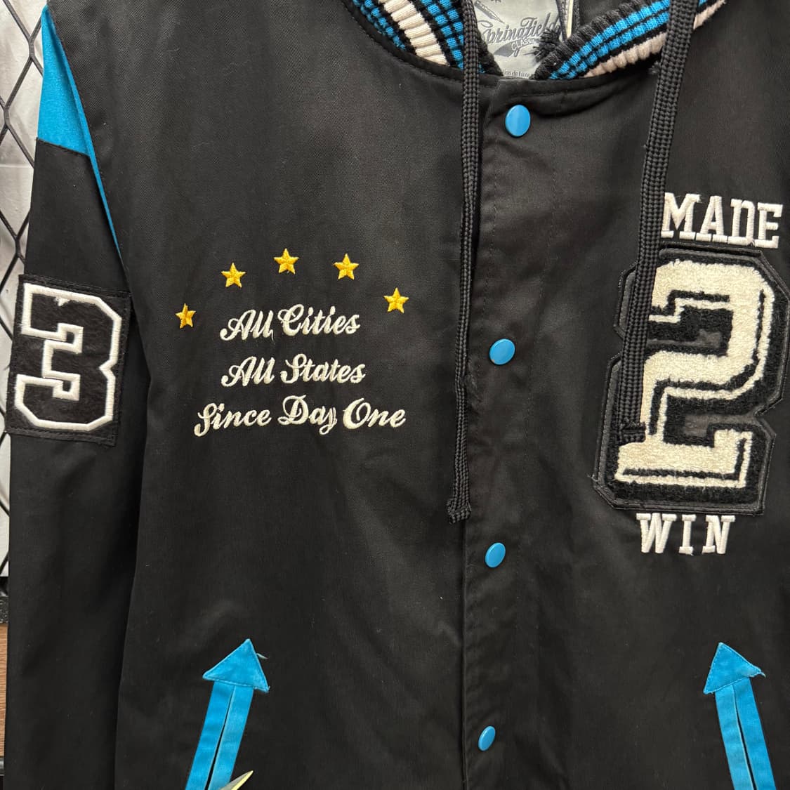 00s USA VINTAGE 스프링 필드 후드 바시티자켓 블랙 블루 상품이미지5