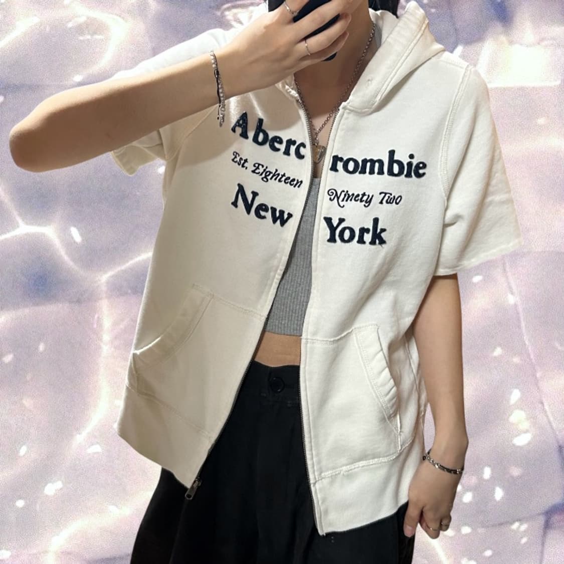 아베크롬비 y2k 기모 반팔 후드집업 화이트 크림 M 상품이미지4