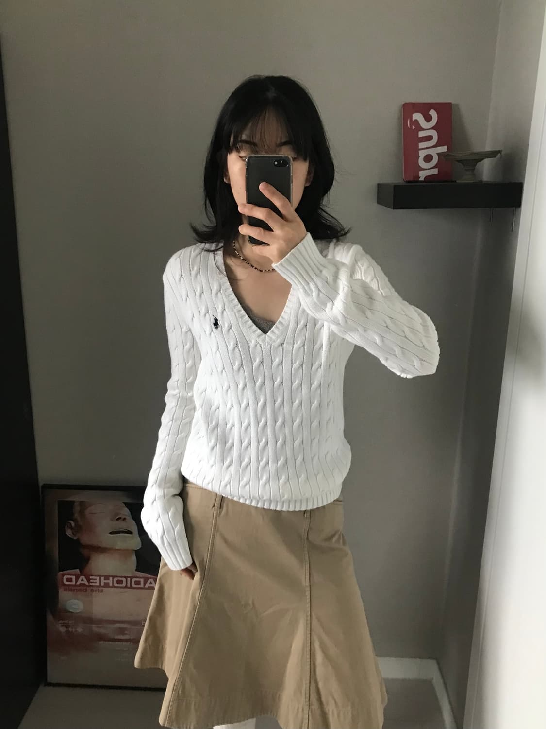 폴로 랄프로렌 포니 로고 화이트 브이넥 케이블 니트 상품이미지2