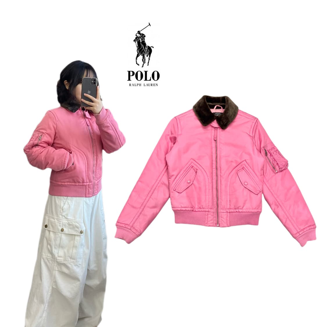 폴로 Y2K 퍼 크롭 항공 자켓 핑크 상품이미지1