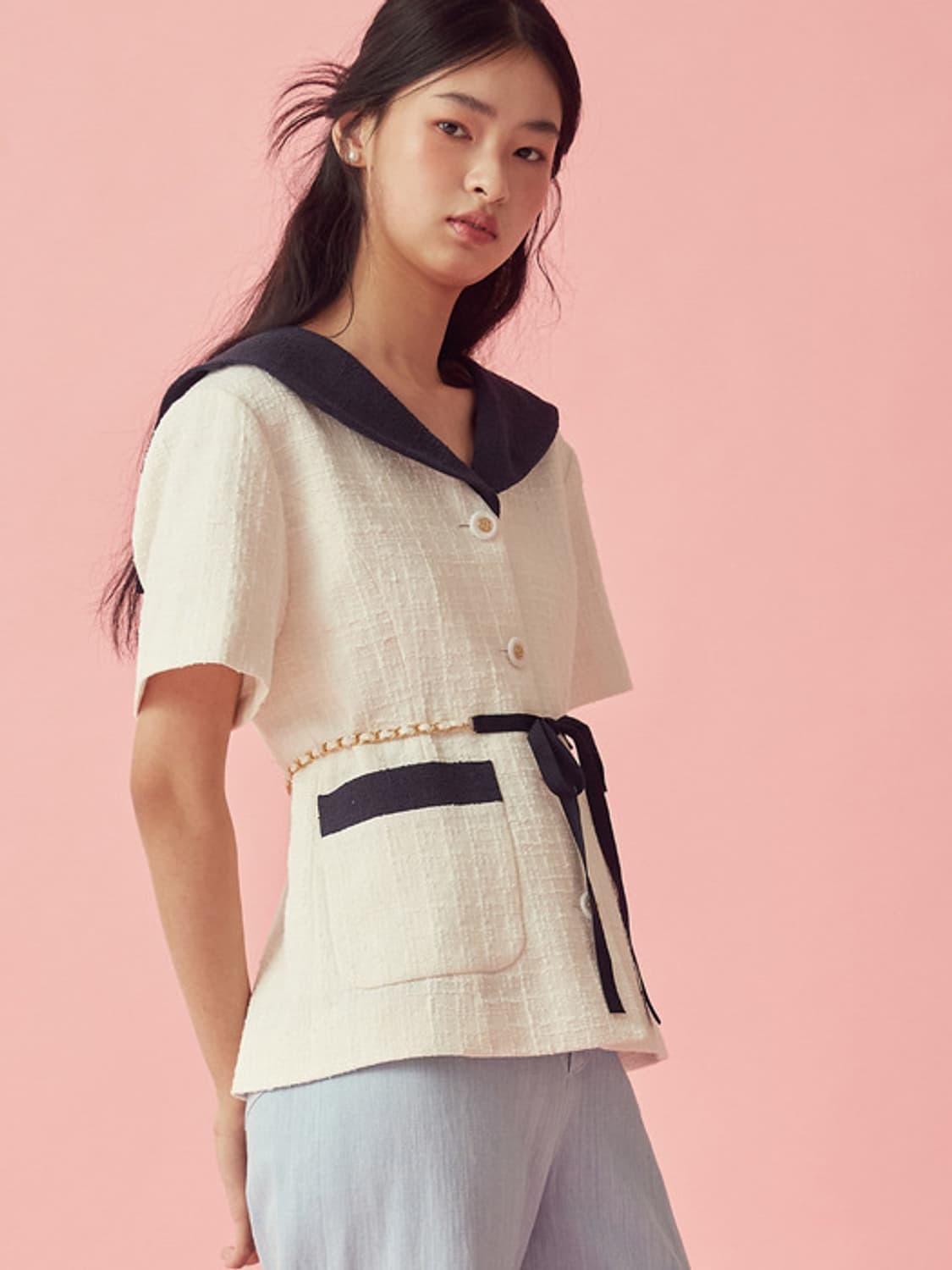 쟈니헤잇재즈 리본 벨티드 트위드 자켓 - 화이트 상품이미지2