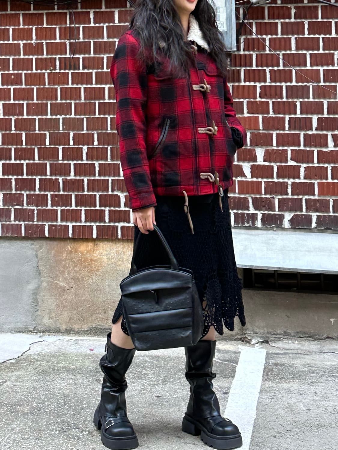 체크 떡뽁이 코트 오존 커뮤니티 롱슬리브 뜨개 미디 스커트 코디세트 상품이미지3