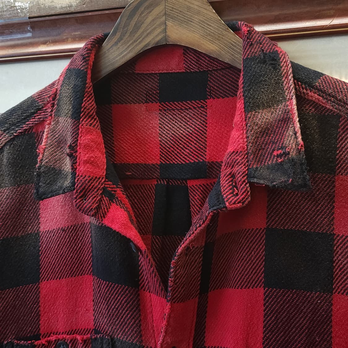 90s 빈티지 체크셔츠 헤비 플란넬 워크셔츠 썬페이딩 레드 윈도우 L 상품이미지4