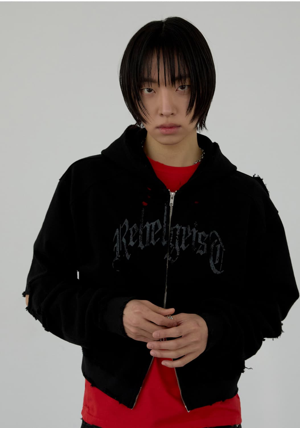 damaged crop zip-up hoodie - black 상품이미지4