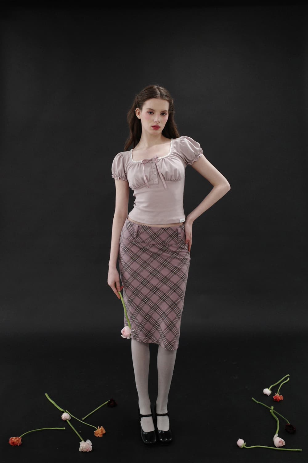 드라이로즈 체크 미디 스커트 상품이미지2