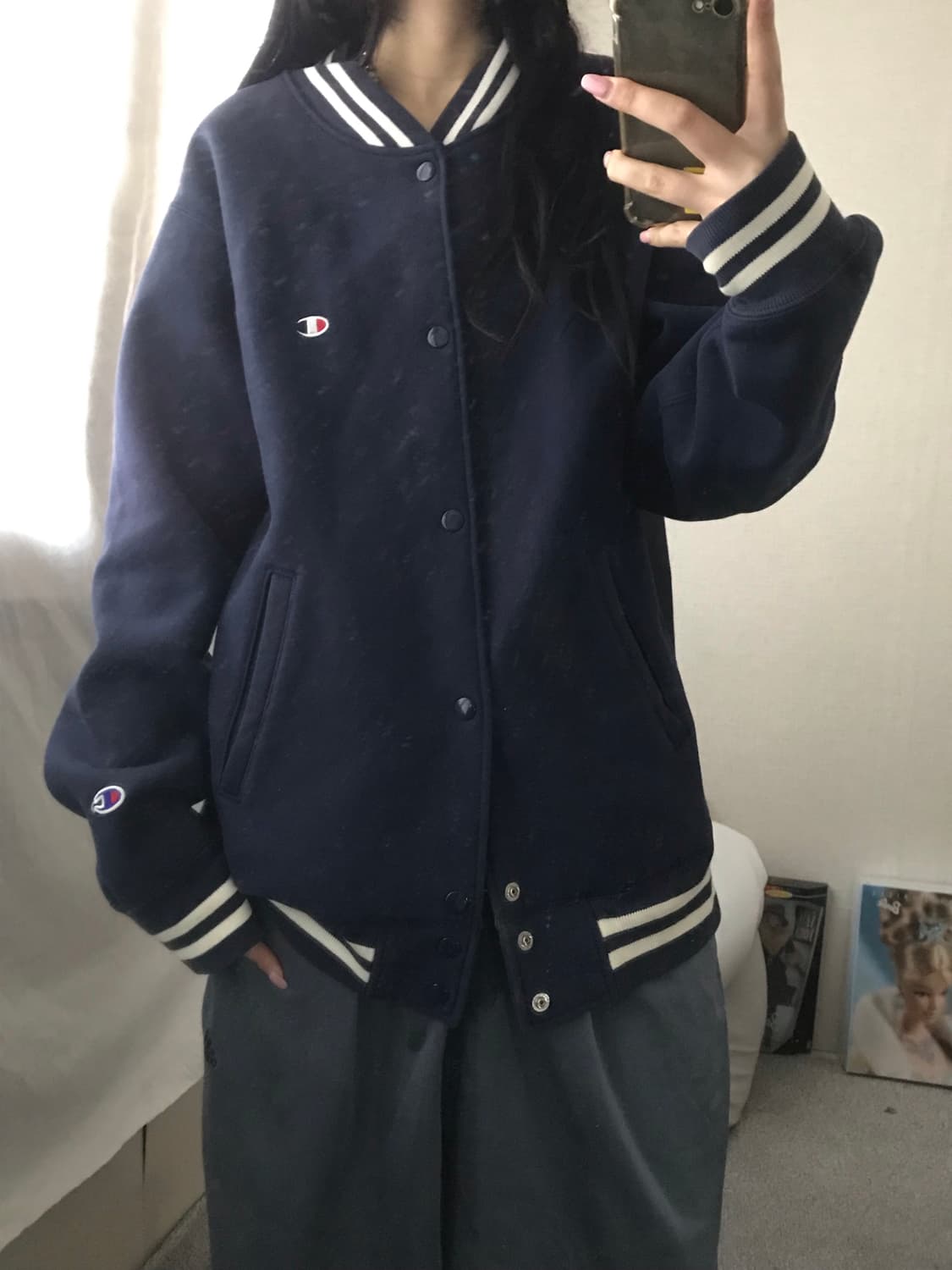 챔피온 네이비 오버핏 바시티자켓 상품이미지4