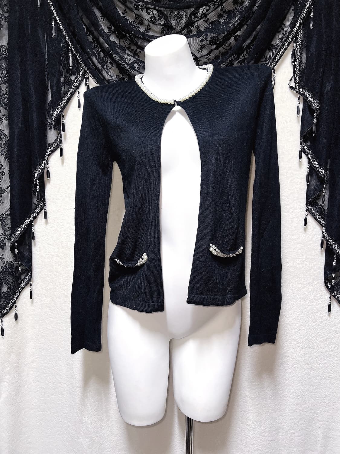 로걀탑 로맨틱갸루 진주 볼레로 블랙 니트가디건 페미닌 러블리 핀터 상품이미지6