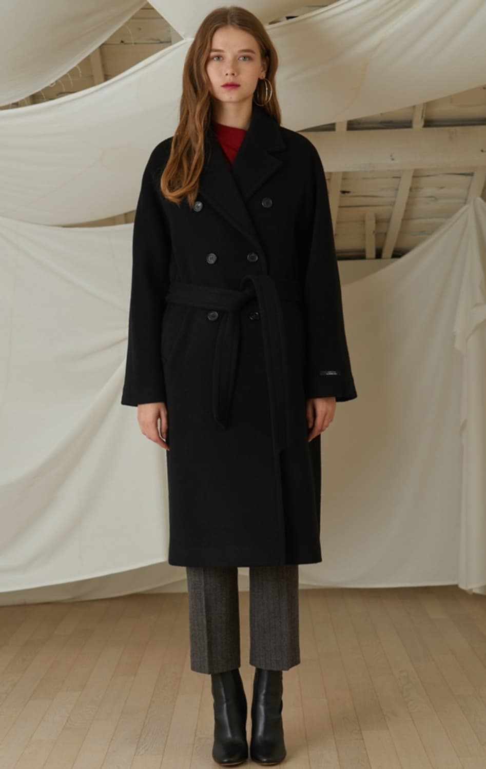 룩캐스트 트렌치 메리노울 더블 롱코트 블랙 상품이미지2