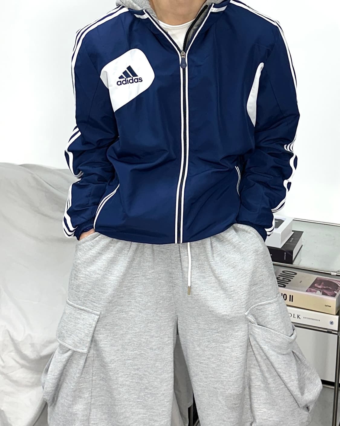 아디다스 네이비 화이트 트랙탑 바람막이 L 상품이미지1