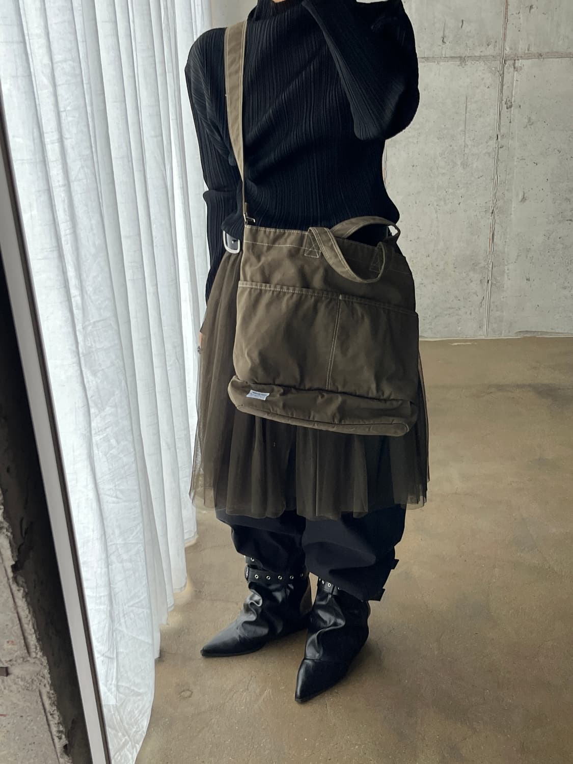 Porter 포터 화이트 스티치 코튼백 올리브 그린 상품이미지4