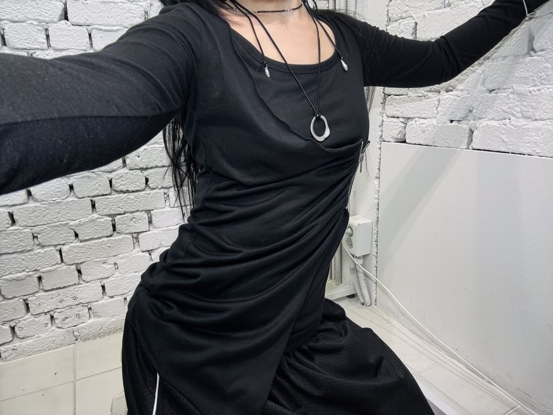 Asymmetric Zip Shirring Long Sleeve Top 상품이미지4