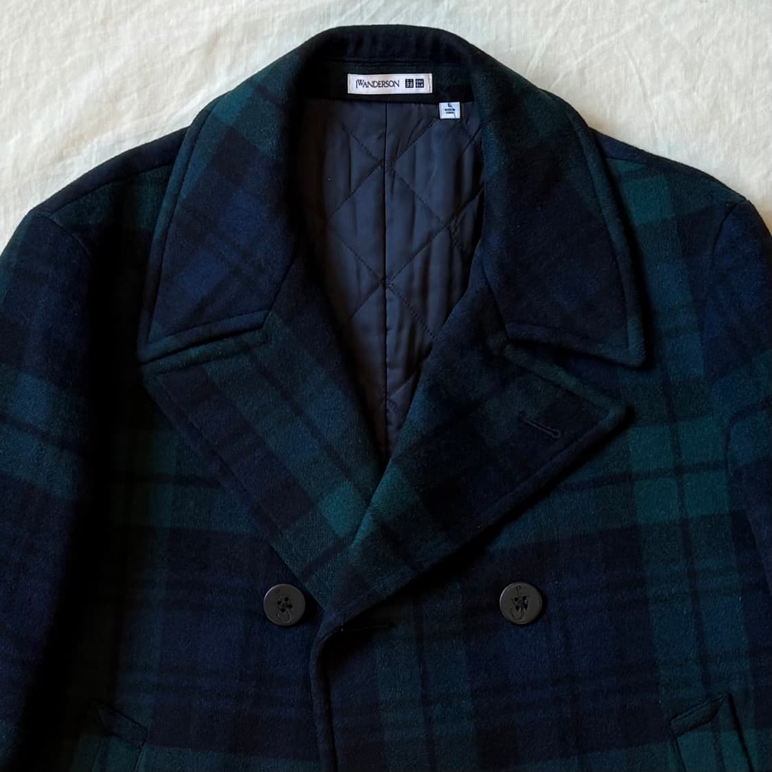 [L] JW 앤더슨 & 유니클로 블랙와치 타탄 체크 울 피코트 상품이미지2