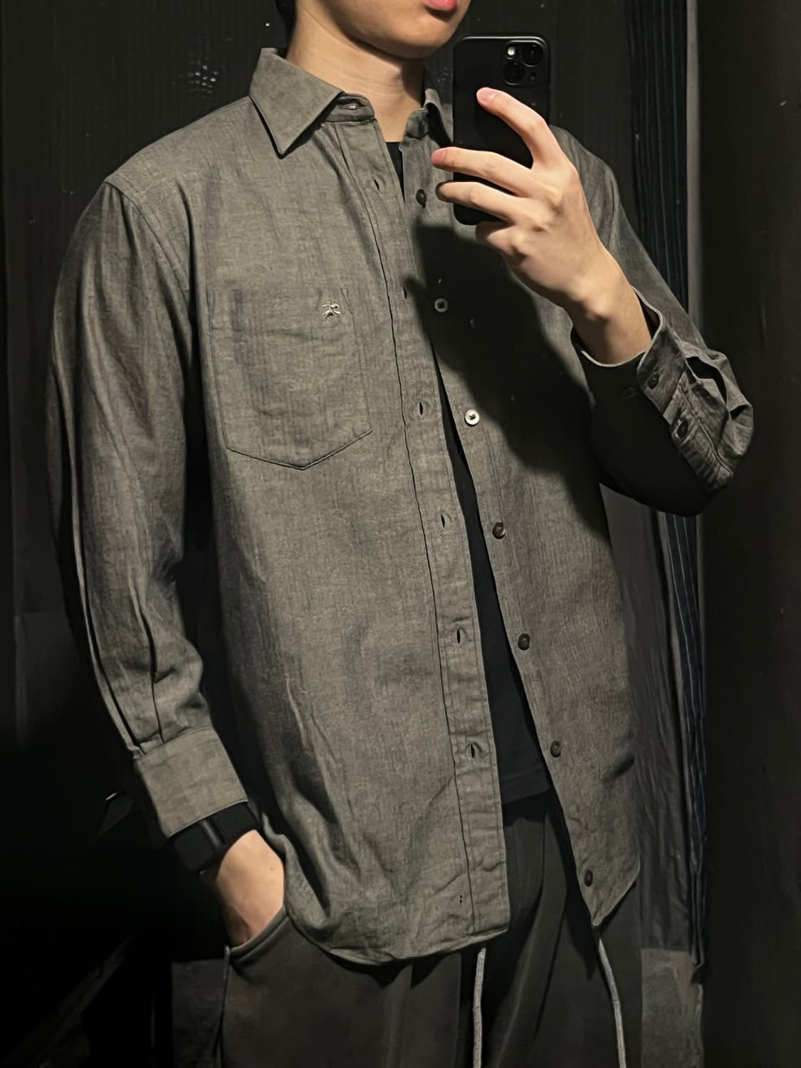 버버리 카키 그레이 헤링본 패턴 체스트포켓 코튼 울 블렌드 남방 셔츠 상품이미지2