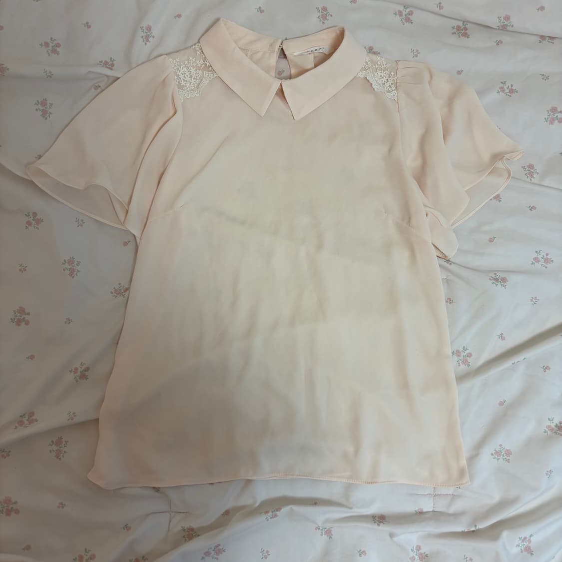 파스텔 피치 핑크 레이스 카라 블라우스 상품이미지1