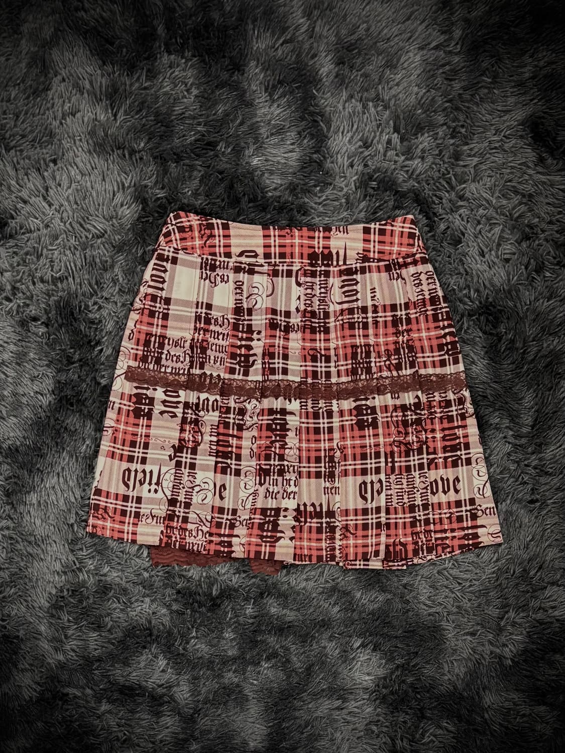 레드 체크 레터링 펑크 레이스플리츠 스커트 상품이미지2