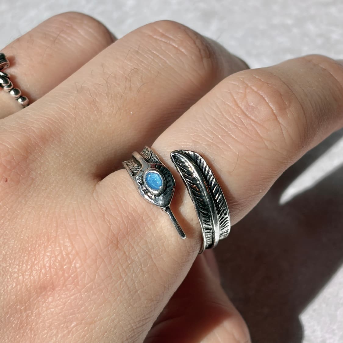 Oribell 에메랄드 스톤 깃털 엔틱 실버 오픈링 반지 상품이미지2