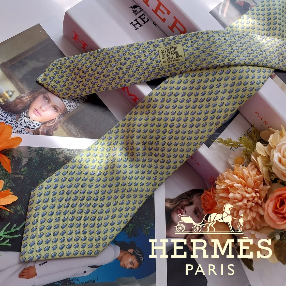 에르메스 라임 병아리 모티브 넥타이 9.3cm B등급 K2551
 상품이미지1