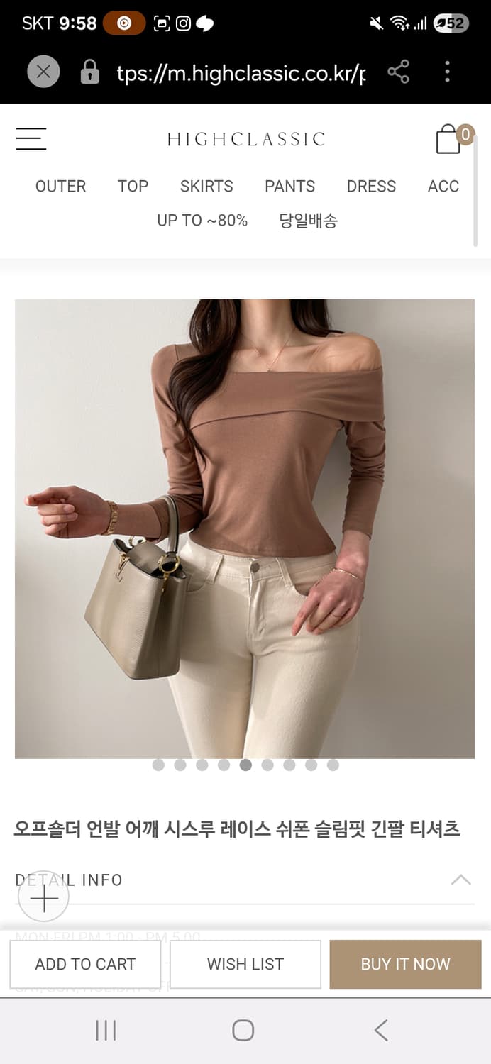 오프숄더 시스루 레이스 쉬폰 딱붙 브라운 긴팔티셔츠 상품이미지2