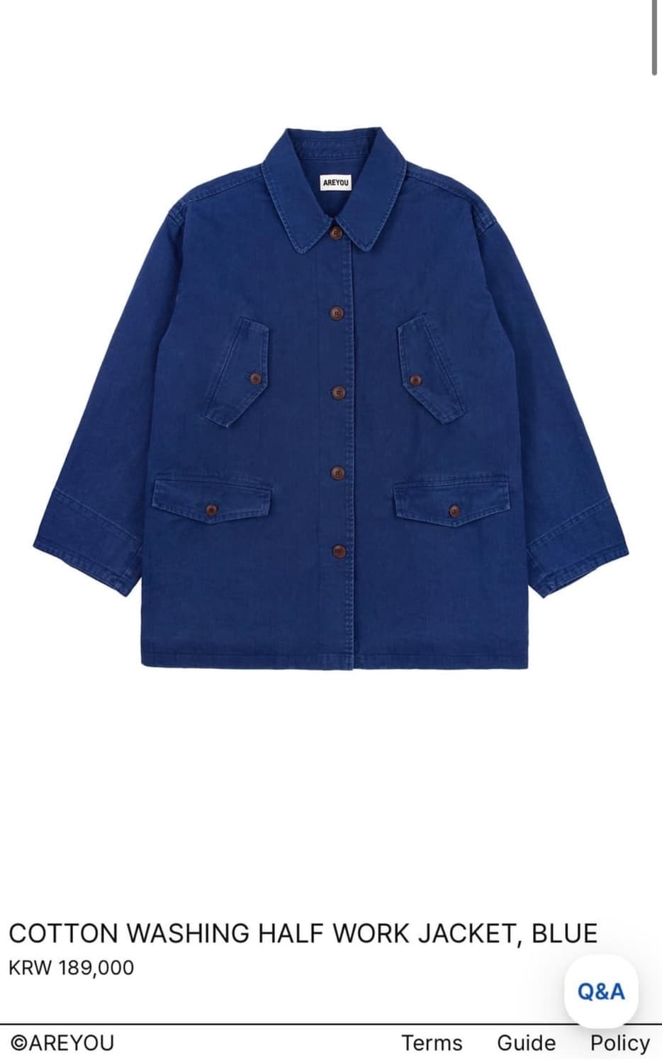 아유서울 코튼워싱 하프 워크 자켓 블류 상품이미지1