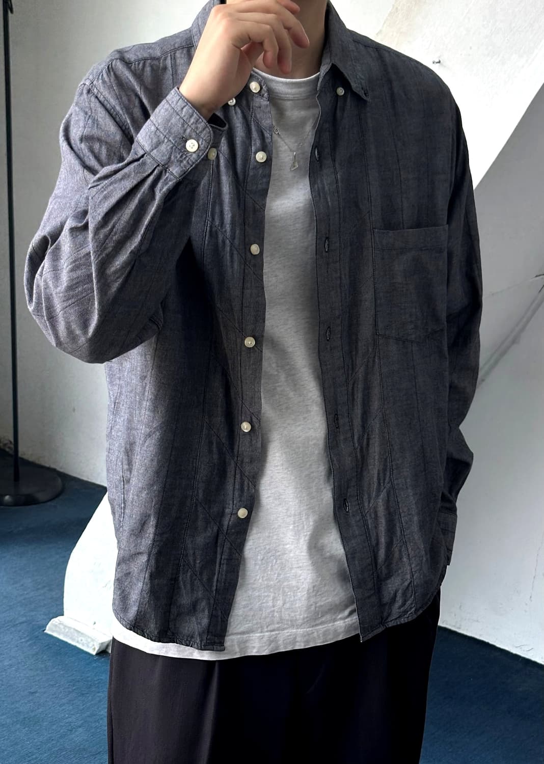 Cotton chambray panel cropped shirt 상품이미지9