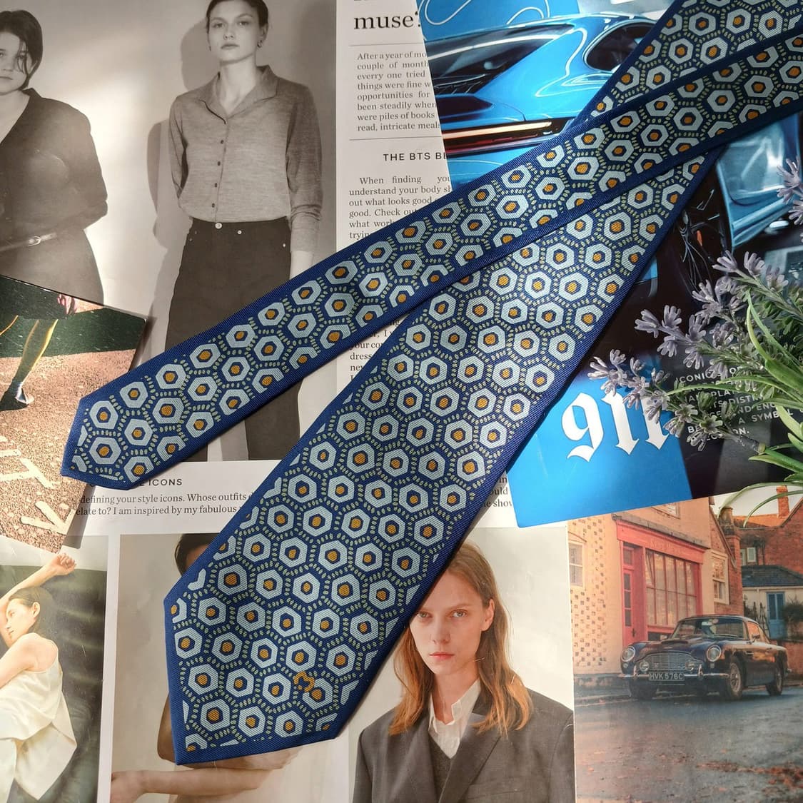 밀라숀 실크 네이비 기하 패턴 넥타이 8.9cm A+등급 A19753 상품이미지4