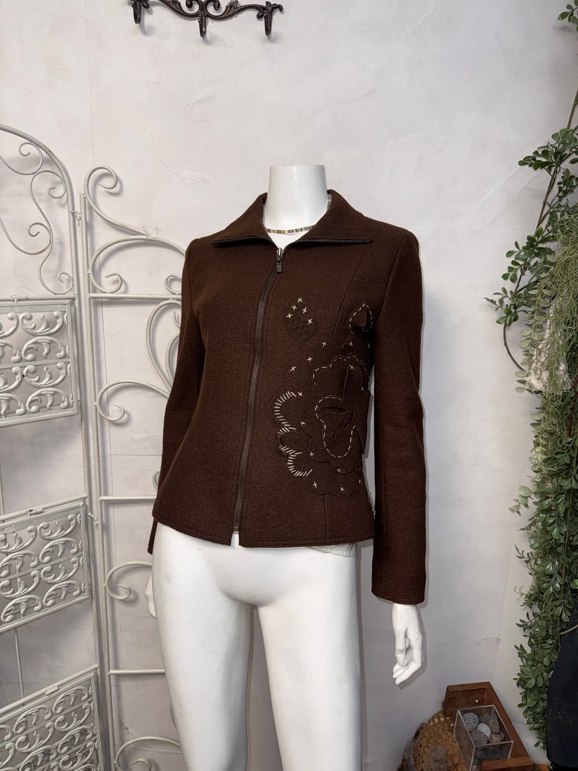 Brown bohemian stitch flower wool jacket 상품이미지5