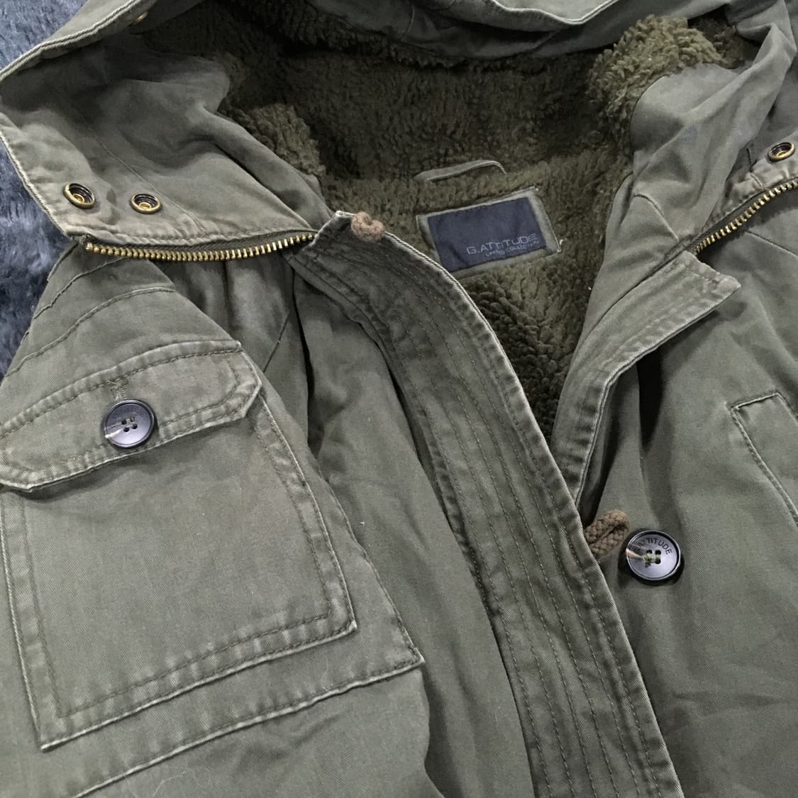투티/0297 G.ATTITUDE 천연 양모 카키 야상 후드 자켓 빈티지 상품이미지3